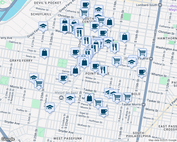 map of restaurants, bars, coffee shops, grocery stores, and more near 2031 Reed Street in Philadelphia