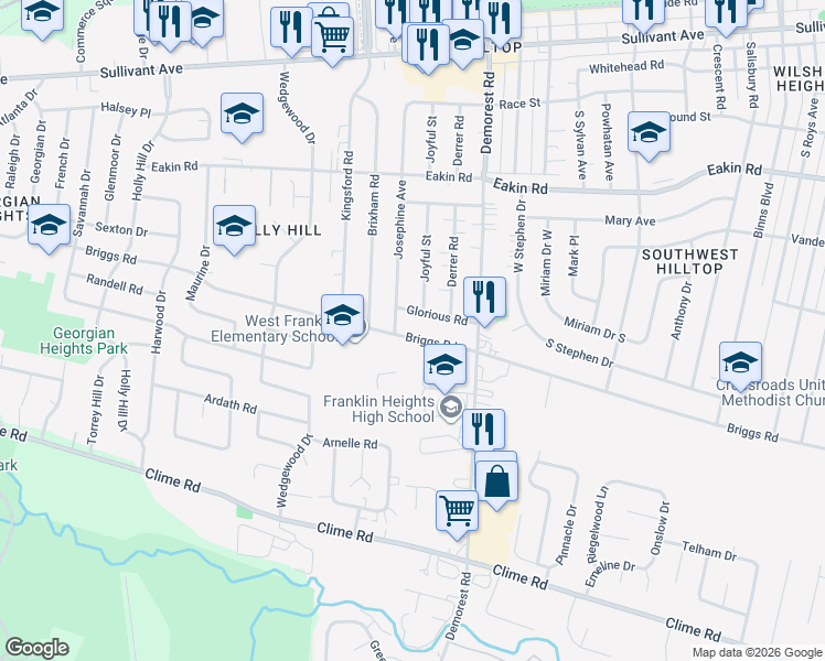 map of restaurants, bars, coffee shops, grocery stores, and more near 3574 Briggs Road in Columbus