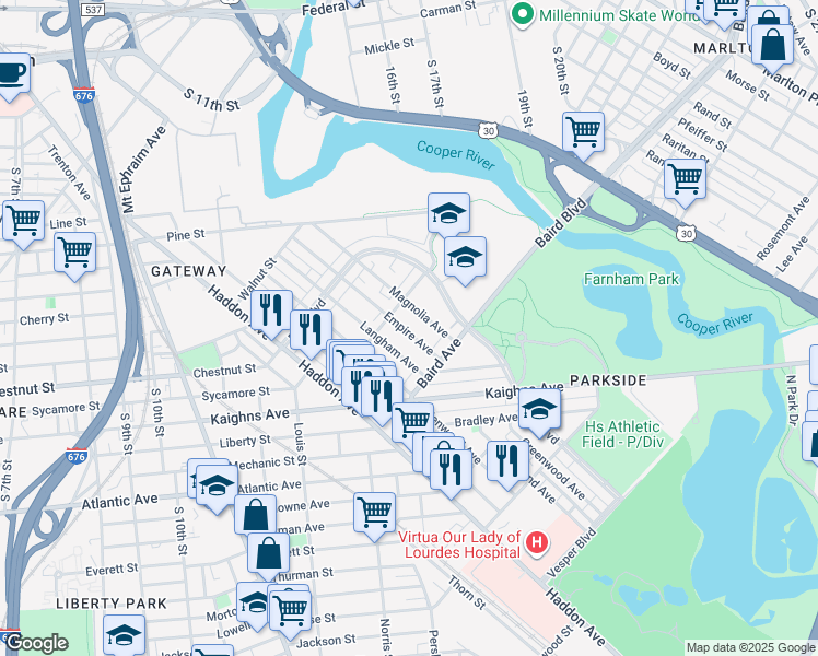 map of restaurants, bars, coffee shops, grocery stores, and more near 1234 Empire Avenue in Camden