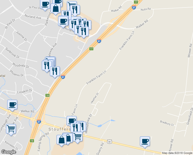 map of restaurants, bars, coffee shops, grocery stores, and more near Franklin Farm Lane in Chambersburg