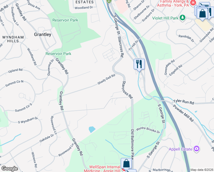 map of restaurants, bars, coffee shops, grocery stores, and more near 430 Shady Dell Road in York