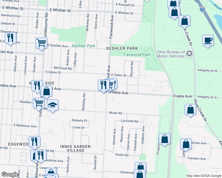 map of restaurants, bars, coffee shops, grocery stores, and more near 1578 Fairwood Avenue in Columbus