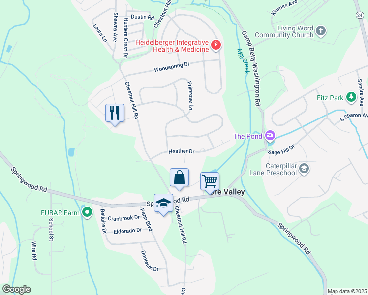 map of restaurants, bars, coffee shops, grocery stores, and more near 2733 Heather Drive in York
