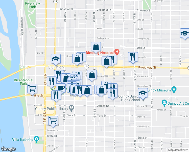 map of restaurants, bars, coffee shops, grocery stores, and more near Vermont Street & North 8th Street in Quincy