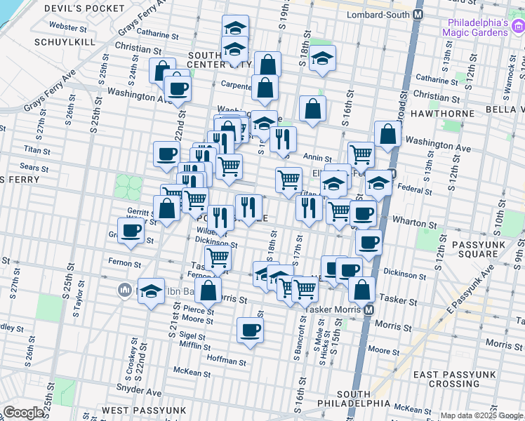 map of restaurants, bars, coffee shops, grocery stores, and more near 1321 Dorrance Street in Philadelphia
