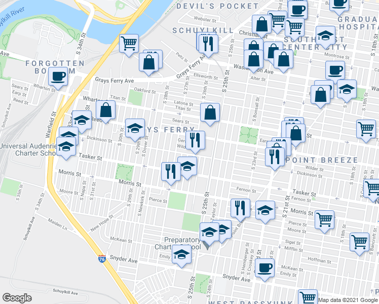 map of restaurants, bars, coffee shops, grocery stores, and more near 2613 Dickinson Street in Philadelphia