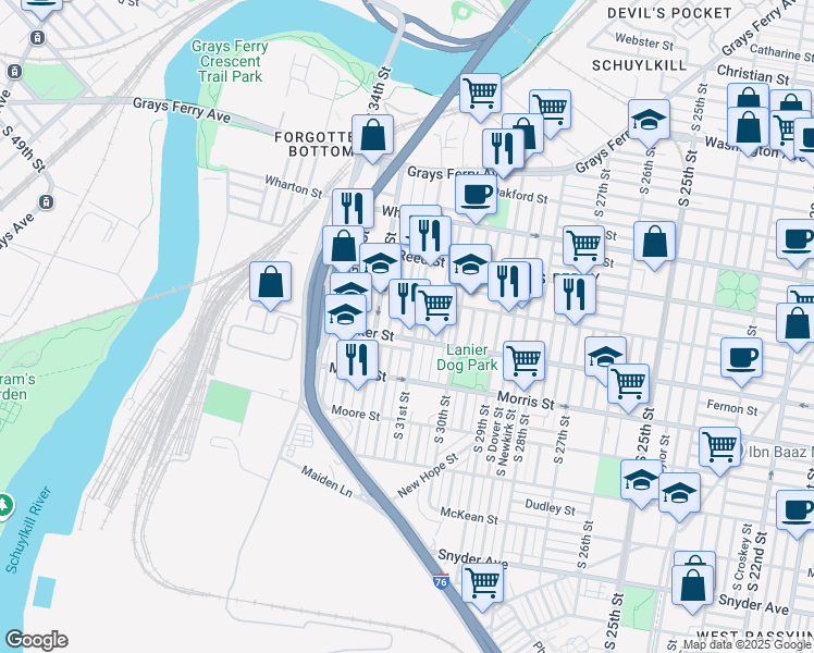 map of restaurants, bars, coffee shops, grocery stores, and more near 1536 South Napa Street in Philadelphia