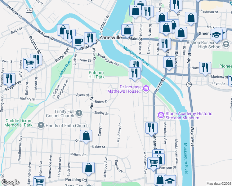map of restaurants, bars, coffee shops, grocery stores, and more near 333 Cliffwood Avenue in Zanesville