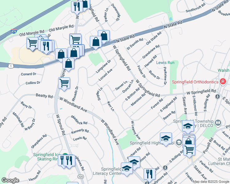 map of restaurants, bars, coffee shops, grocery stores, and more near 65 Server Lane in Springfield
