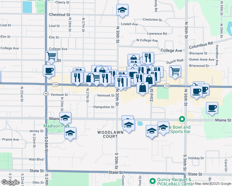 map of restaurants, bars, coffee shops, grocery stores, and more near 301 North 30th Street in Quincy