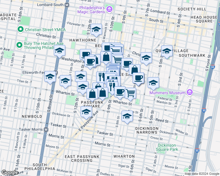 map of restaurants, bars, coffee shops, grocery stores, and more near 907 Federal Street in Philadelphia