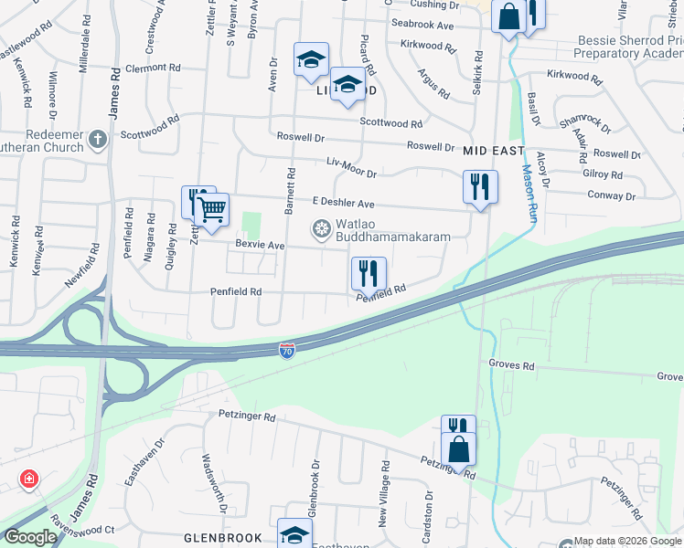 map of restaurants, bars, coffee shops, grocery stores, and more near 1835 Binbrook Road in Columbus