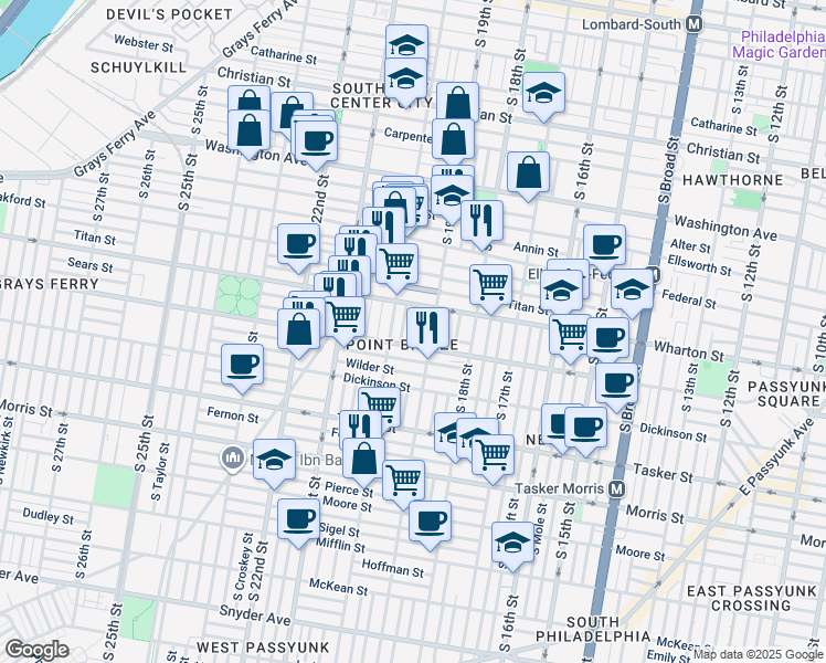 map of restaurants, bars, coffee shops, grocery stores, and more near 1334 South Garnet Street in Philadelphia