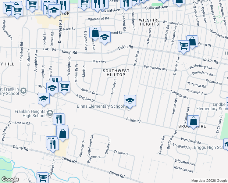 map of restaurants, bars, coffee shops, grocery stores, and more near 972 Anthony Dr in Columbus