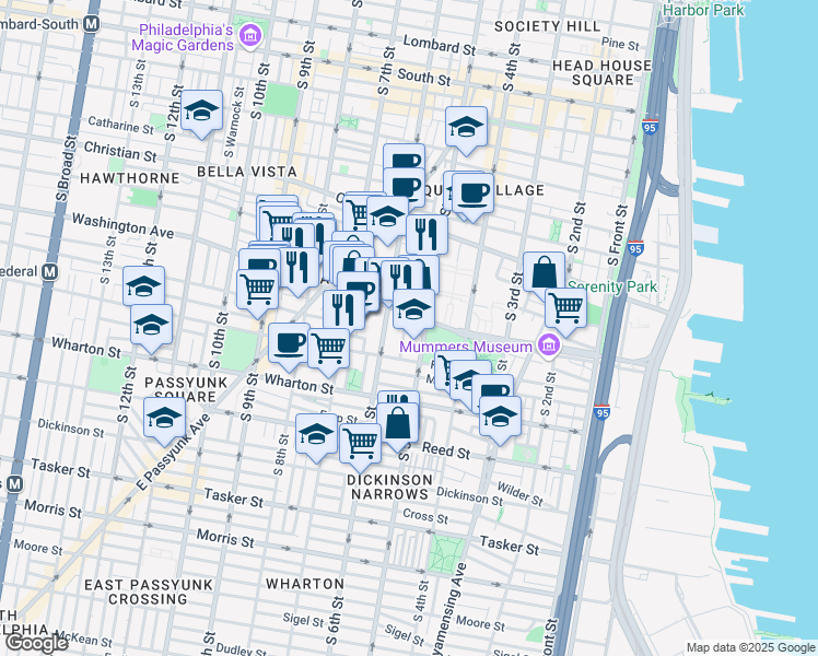 map of restaurants, bars, coffee shops, grocery stores, and more near 1111 South Randolph Street in Philadelphia