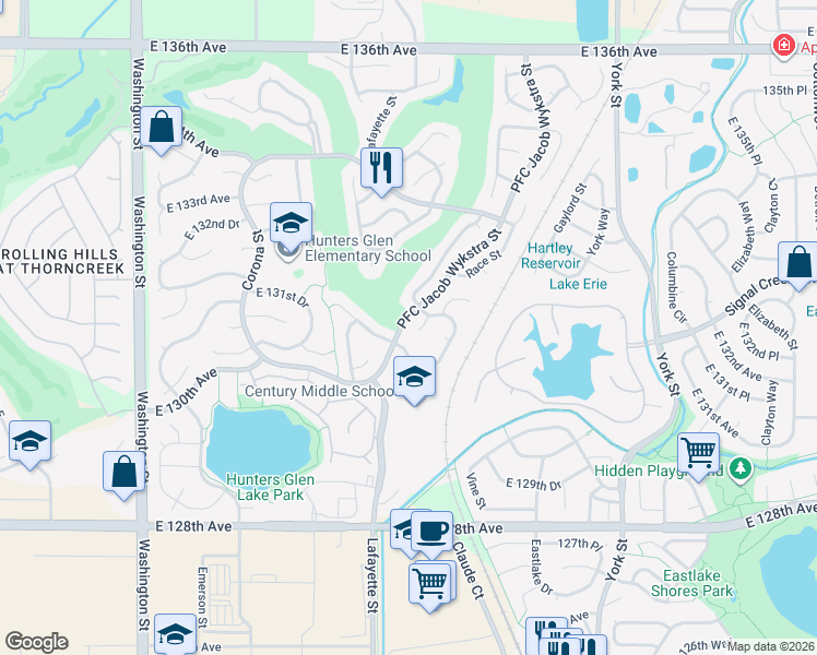 map of restaurants, bars, coffee shops, grocery stores, and more near 13087 Race Court in Thornton