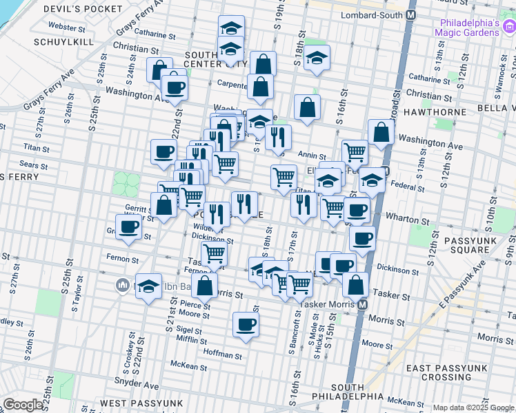 map of restaurants, bars, coffee shops, grocery stores, and more near 1321 Dorrance Street in Philadelphia