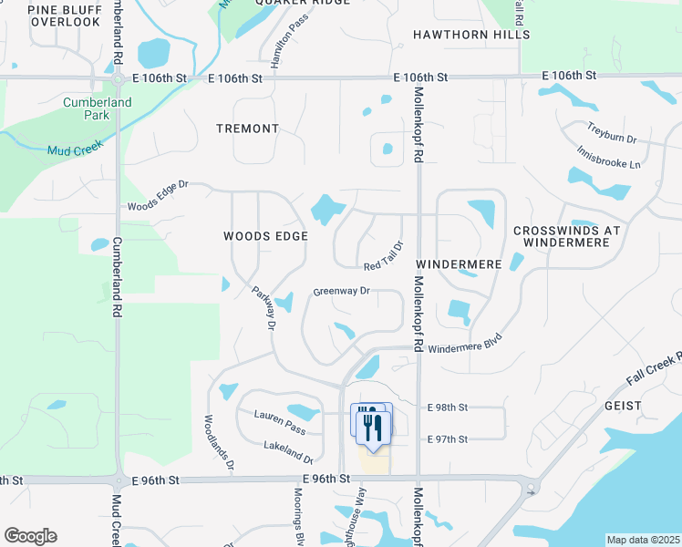 map of restaurants, bars, coffee shops, grocery stores, and more near 10126 Hawks Lake Drive in Fishers