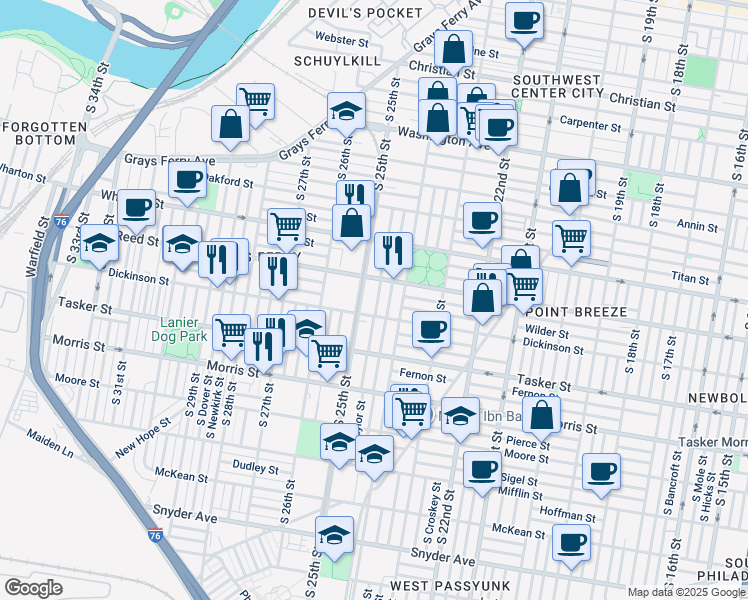 map of restaurants, bars, coffee shops, grocery stores, and more near 1432 South Taylor Street in Philadelphia