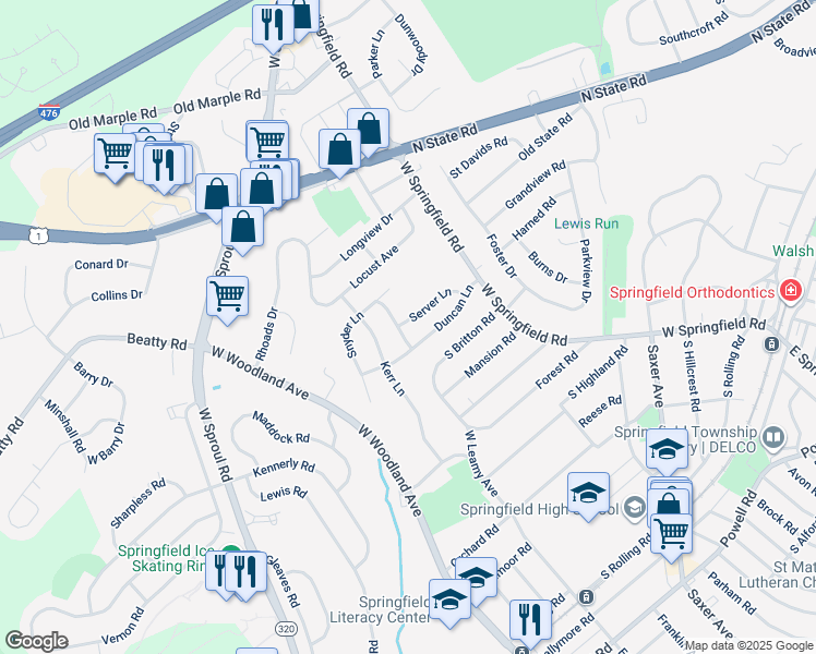 map of restaurants, bars, coffee shops, grocery stores, and more near 65 Server Lane in Springfield