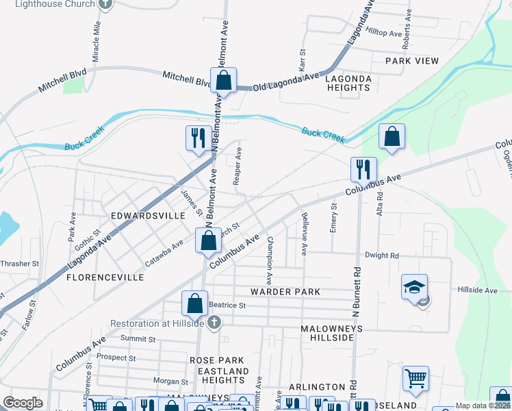 map of restaurants, bars, coffee shops, grocery stores, and more near 2219 Larch Street in Springfield