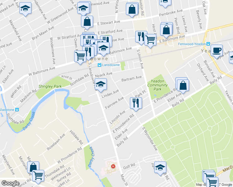 map of restaurants, bars, coffee shops, grocery stores, and more near 54 Linden Avenue in Lansdowne