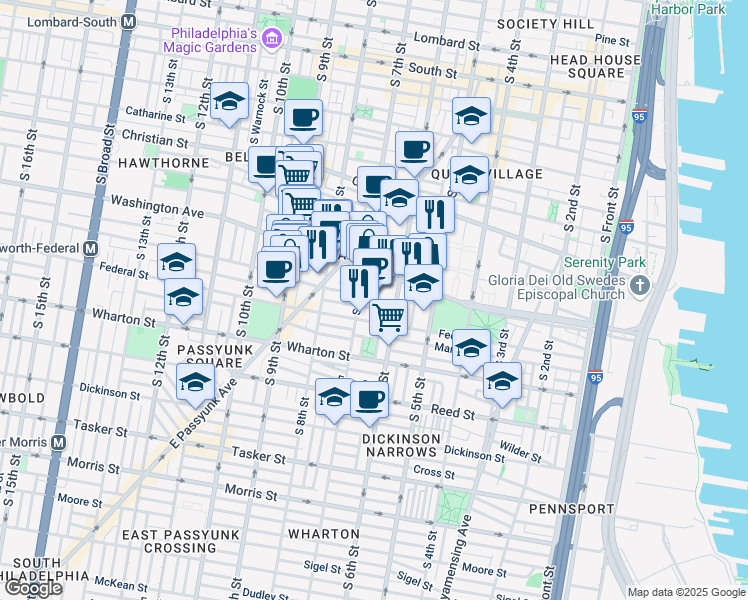 map of restaurants, bars, coffee shops, grocery stores, and more near 600 Washington Avenue in Philadelphia