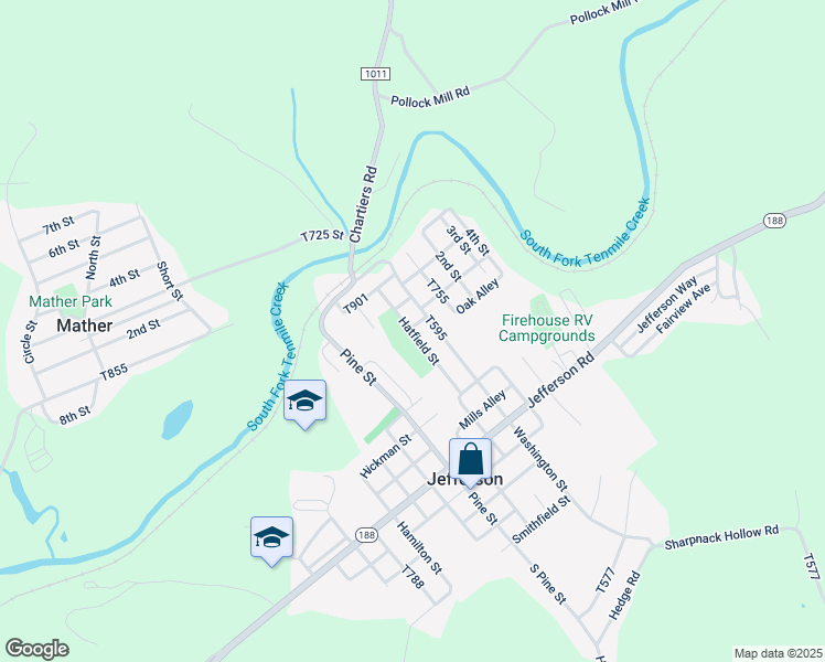 map of restaurants, bars, coffee shops, grocery stores, and more near Hatfield Street in Jefferson