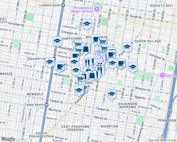 map of restaurants, bars, coffee shops, grocery stores, and more near 1200 South 10th Street in Philadelphia