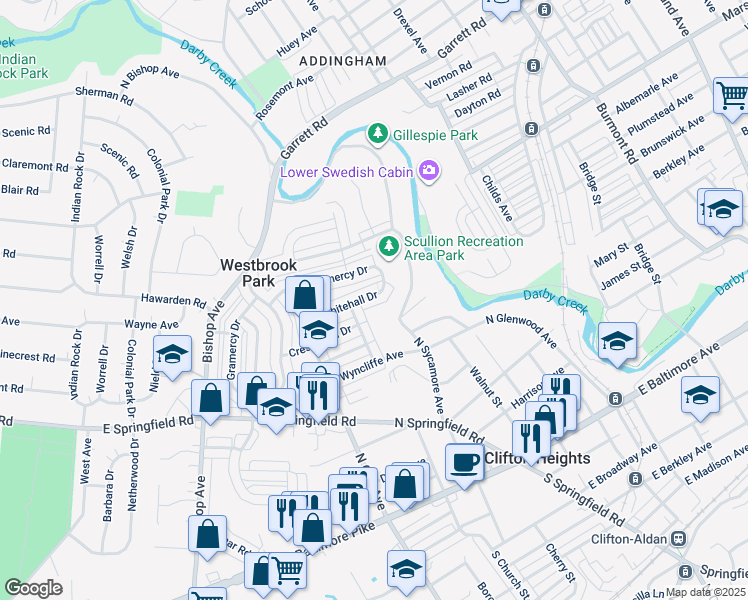 map of restaurants, bars, coffee shops, grocery stores, and more near 5107 Whitehall Drive in Clifton Heights
