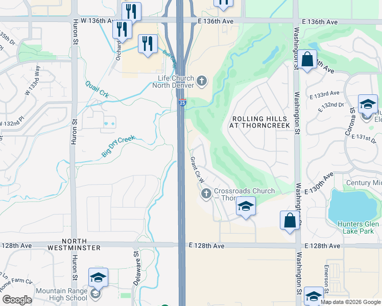 map of restaurants, bars, coffee shops, grocery stores, and more near 13180 Grant Circle West in Thornton