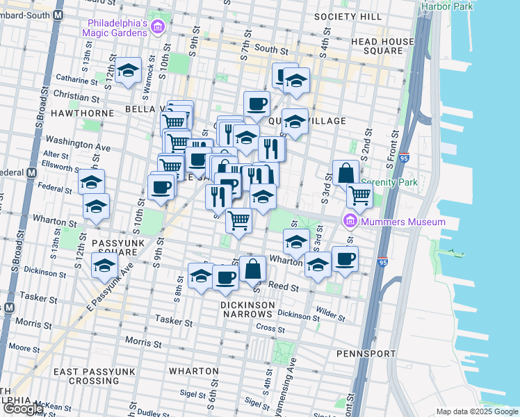 map of restaurants, bars, coffee shops, grocery stores, and more near 1111 South Randolph Street in Philadelphia
