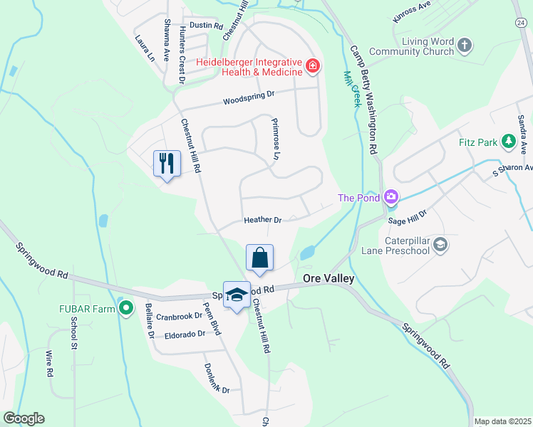 map of restaurants, bars, coffee shops, grocery stores, and more near 2733 Heather Drive in York