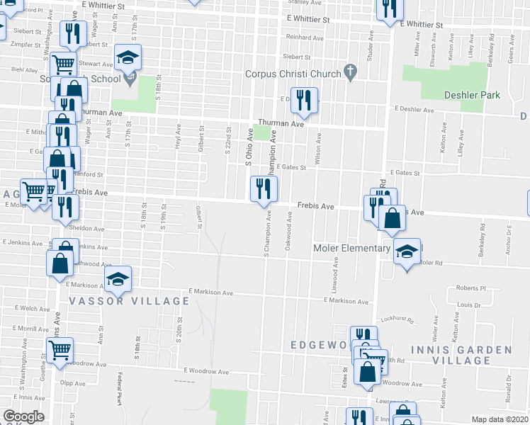 map of restaurants, bars, coffee shops, grocery stores, and more near 1485 South Champion Avenue in Columbus