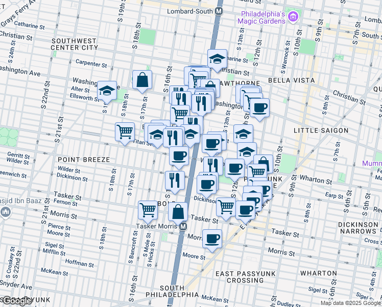 map of restaurants, bars, coffee shops, grocery stores, and more near 1240 South Broad Street in Philadelphia