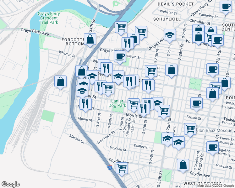 map of restaurants, bars, coffee shops, grocery stores, and more near 1519 South Myrtlewood Street in Philadelphia