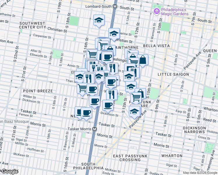 map of restaurants, bars, coffee shops, grocery stores, and more near 1234 South Juniper Street in Philadelphia