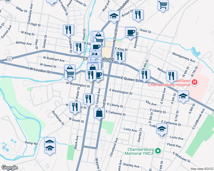 map of restaurants, bars, coffee shops, grocery stores, and more near 162 South 2nd Street in Chambersburg