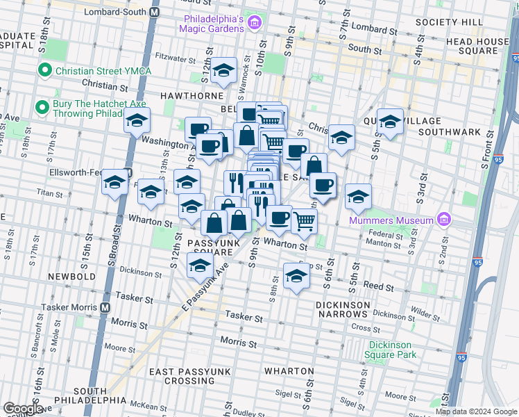 map of restaurants, bars, coffee shops, grocery stores, and more near 1166 South 9th Street in Philadelphia
