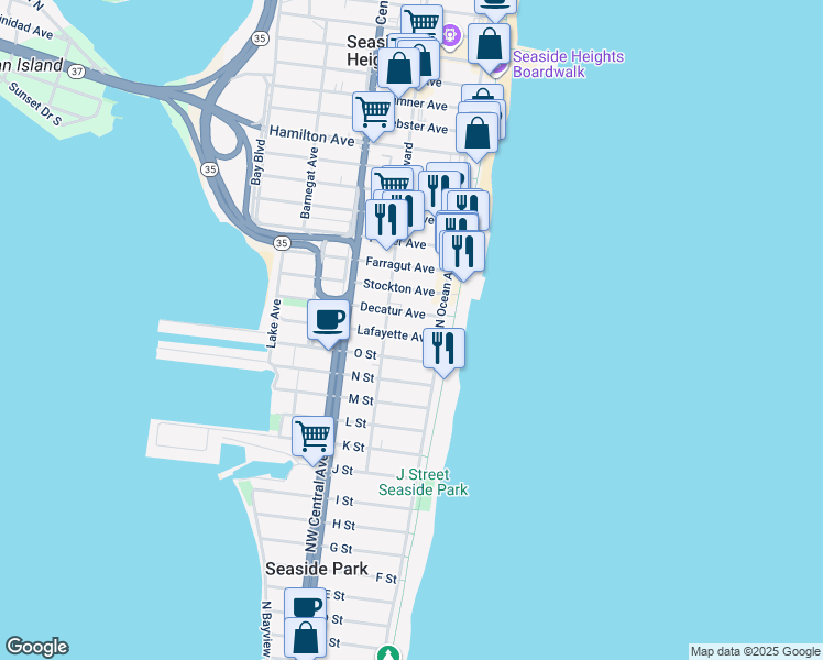 map of restaurants, bars, coffee shops, grocery stores, and more near 1600-1604 Ocean Boulevard in Seaside Park