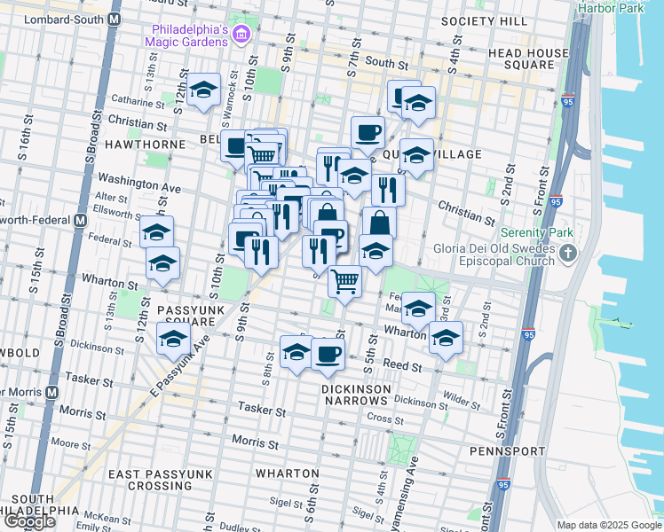 map of restaurants, bars, coffee shops, grocery stores, and more near 600 Washington Avenue in Philadelphia