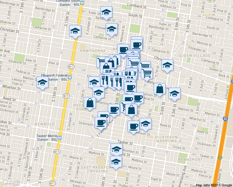 map of restaurants, bars, coffee shops, grocery stores, and more near 1200 South 10th Street in Philadelphia