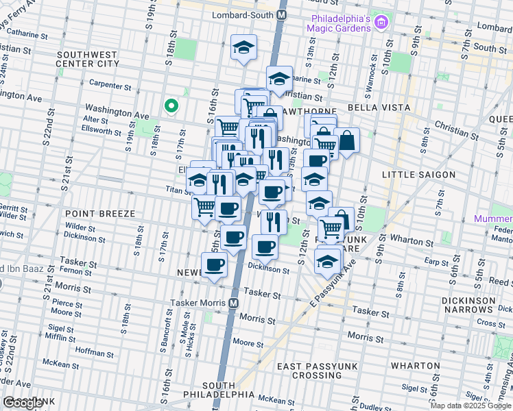 map of restaurants, bars, coffee shops, grocery stores, and more near 1234 South Juniper Street in Philadelphia