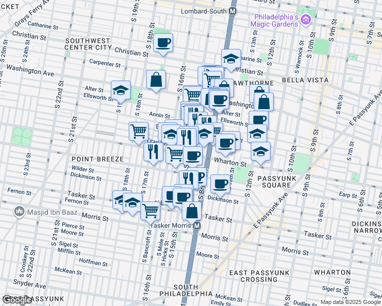 map of restaurants, bars, coffee shops, grocery stores, and more near 1256 South 15th Street in Philadelphia