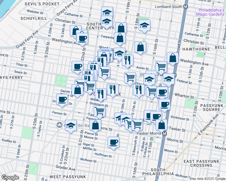 map of restaurants, bars, coffee shops, grocery stores, and more near 1334 South 19th Street in Philadelphia