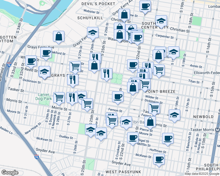map of restaurants, bars, coffee shops, grocery stores, and more near 1422 South 24th Street in Philadelphia