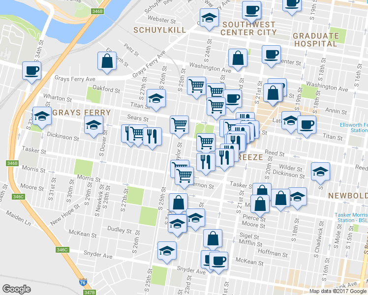 map of restaurants, bars, coffee shops, grocery stores, and more near 1422 South 24th Street in Philadelphia