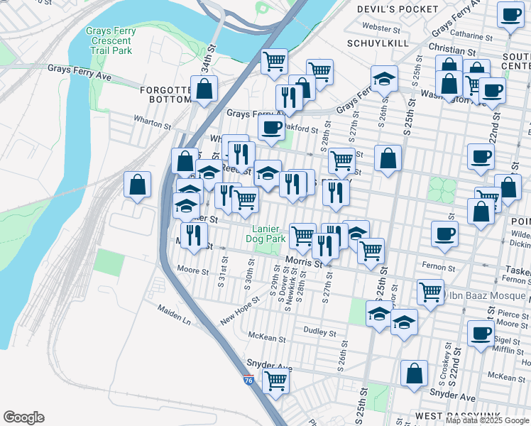 map of restaurants, bars, coffee shops, grocery stores, and more near 1519 South Myrtlewood Street in Philadelphia