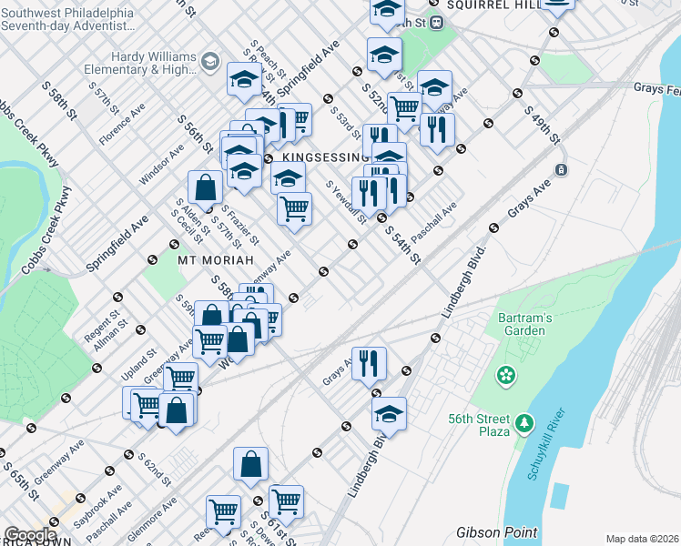 map of restaurants, bars, coffee shops, grocery stores, and more near 1826 South Vogdes Street in Philadelphia