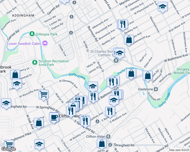 map of restaurants, bars, coffee shops, grocery stores, and more near 3934 Dennison Avenue in Drexel Hill